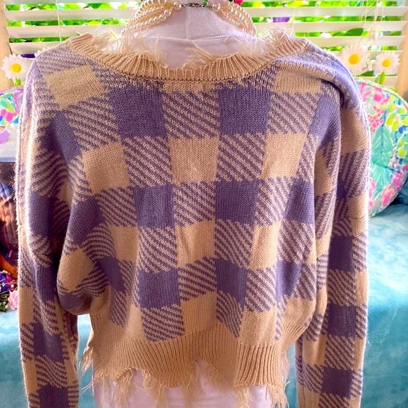 Just Polly periwinkle & tan oversized sweater - Picture 3 of 5